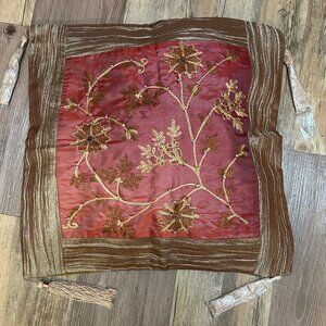Indian Floral Accent Pillowcase Red & Gold w/Tassels 16x16 Inches